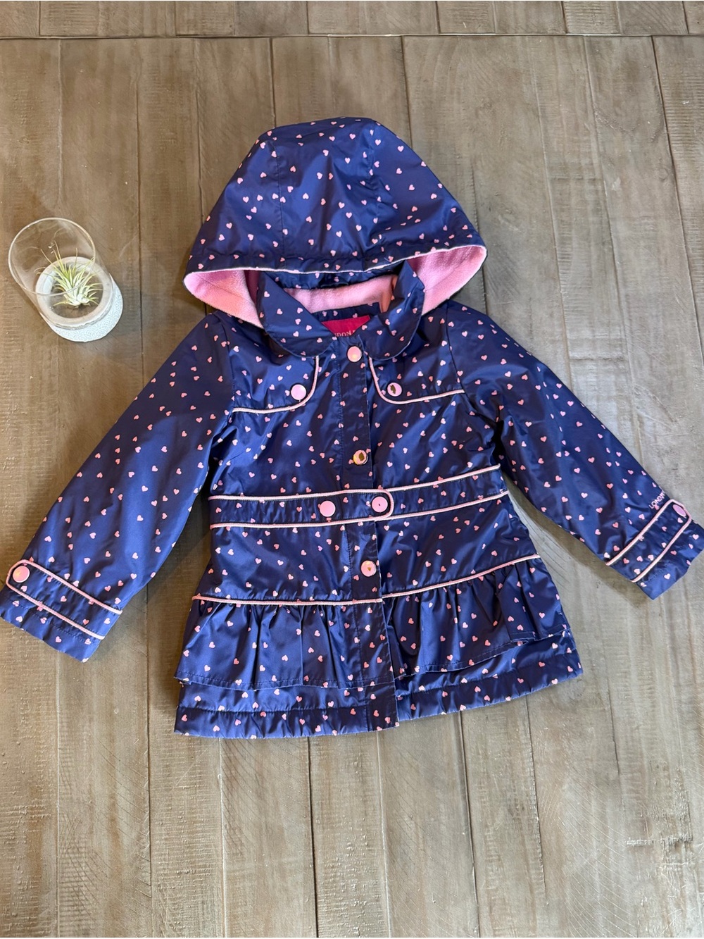 Girls London Fog Navy Jacket with Pink Heart Print